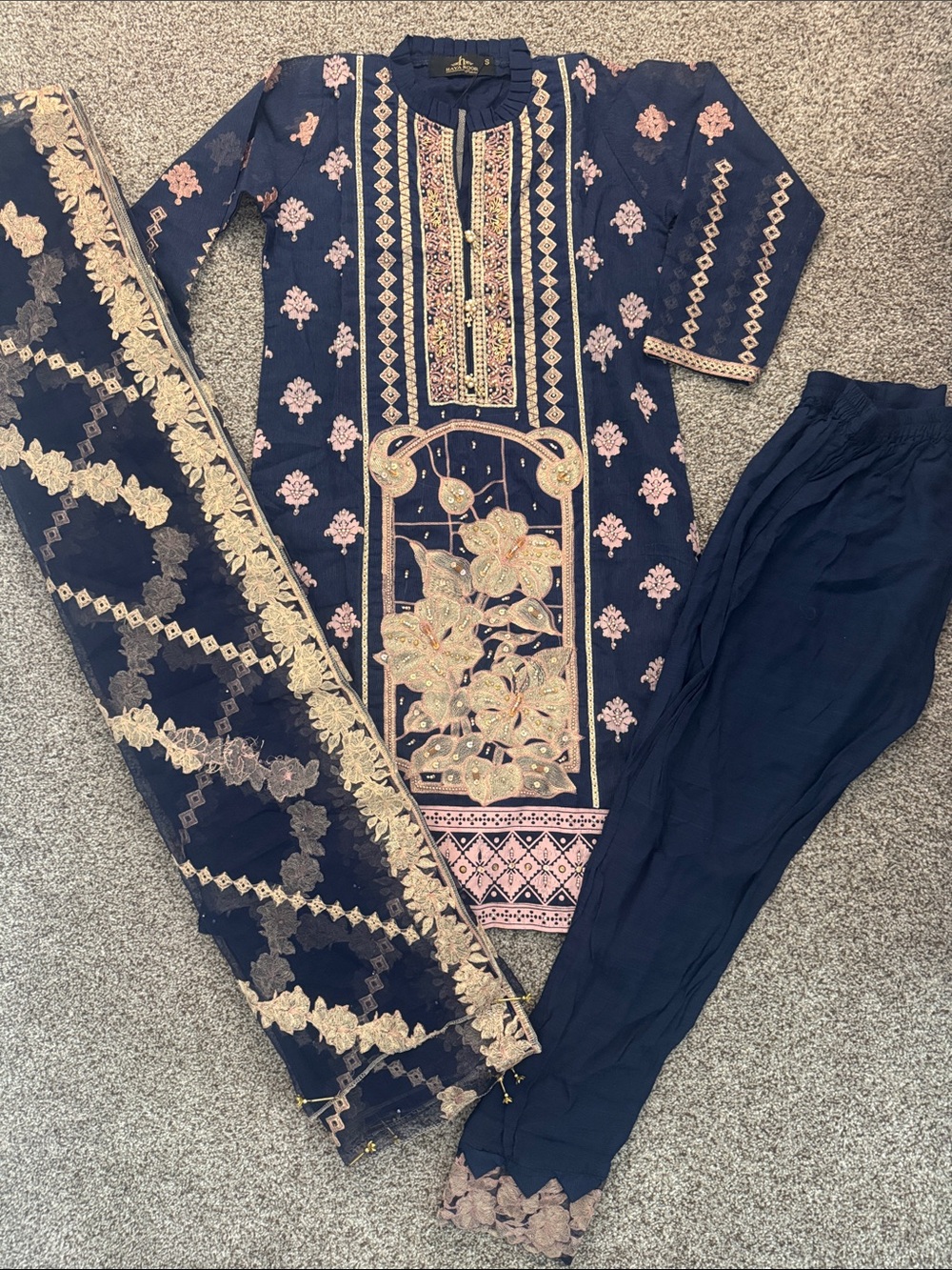 Navy Embroidered Women’s set gold and Pink Accents